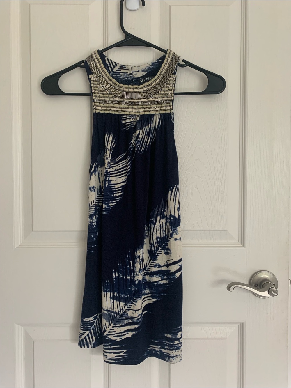 Venus Women’s Beaded Halter Top, Blue Tropical Print, size XS NWOT